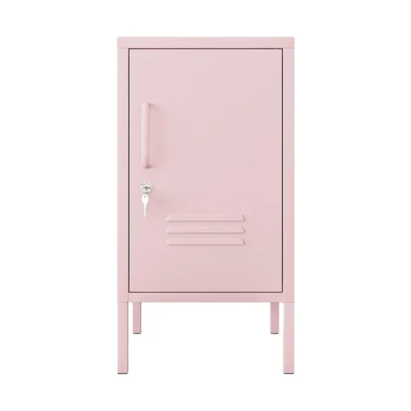 Front view of mini pink metal locker