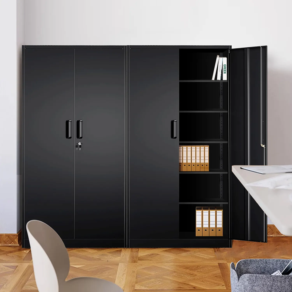 Black metal storage cabinet in office setting with lockable doors and adjustable shelves