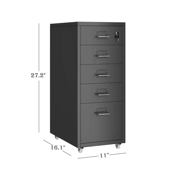 Black 5-Drawer Mobile Pedestal Cabinet Front View
