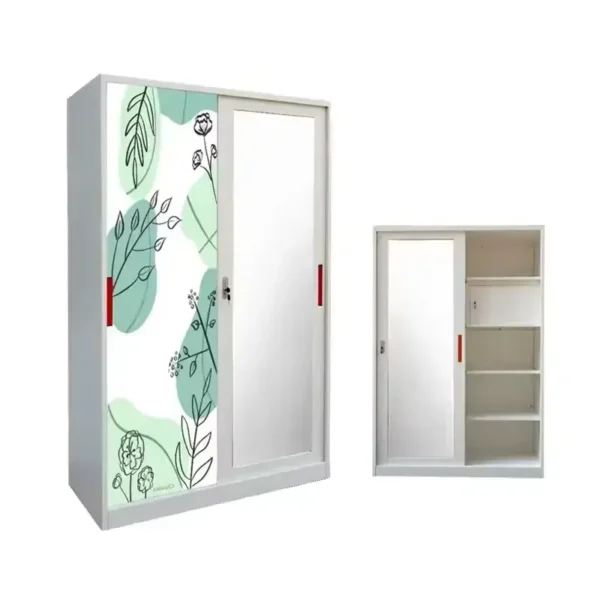 Green and white steel wardrobe with sliding door and open storage