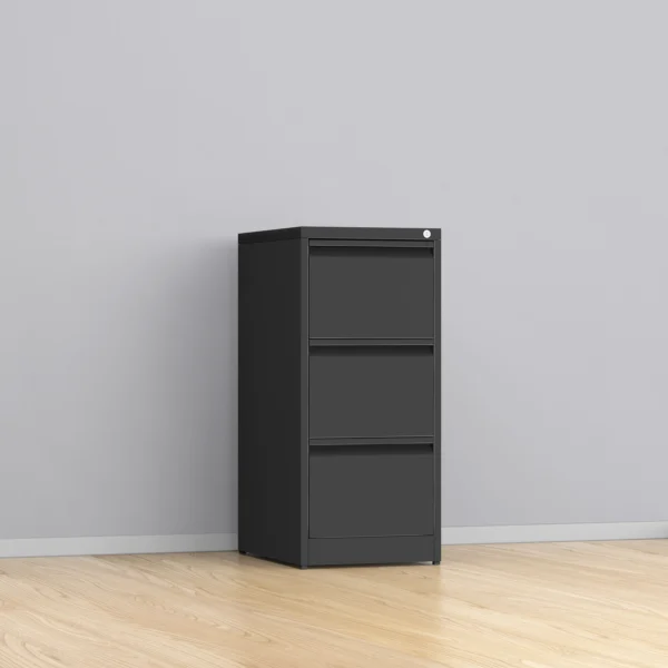 Top view of black 4-drawer filing cabinet highlighting drawer handles and finish