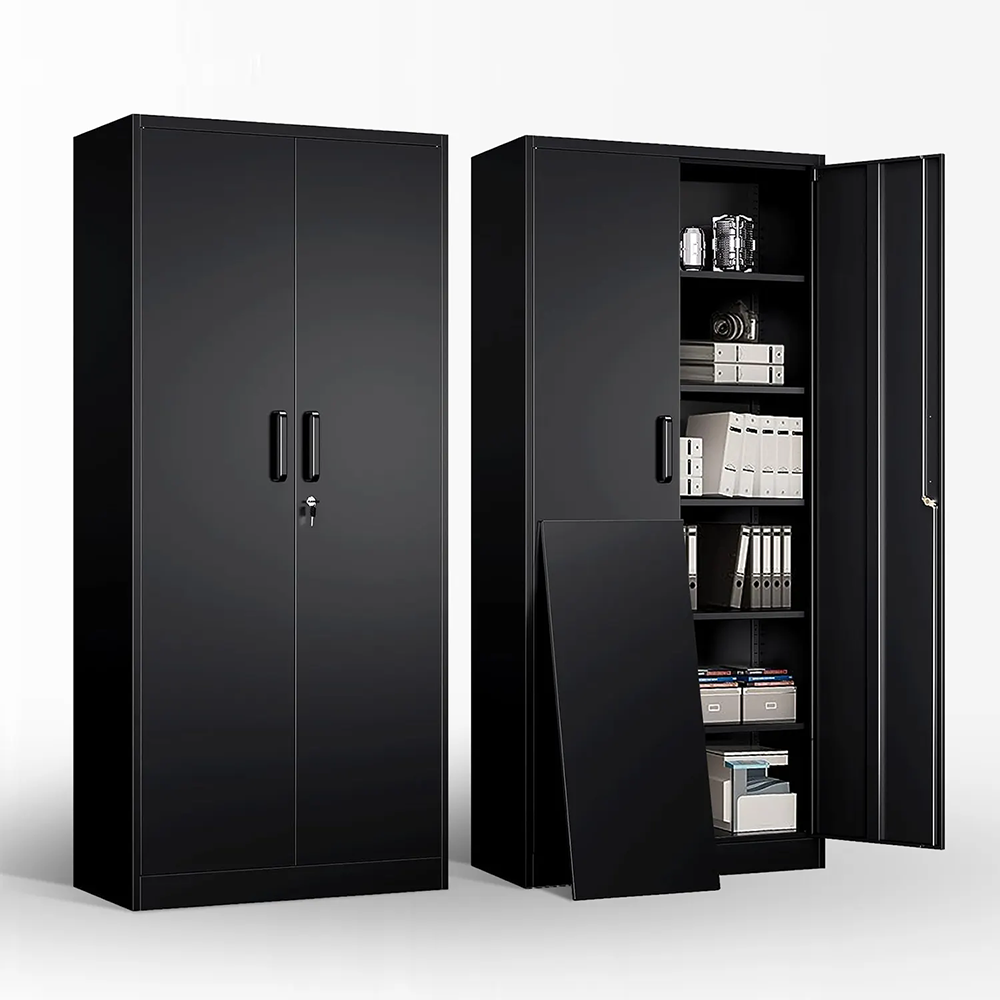 Interior view of black metal storage cabinet with adjustable shelves and lockable doors
