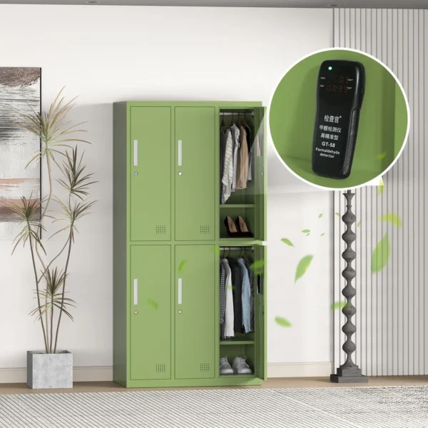 Interior view of Green Steel Locker with organized shelves and compartments