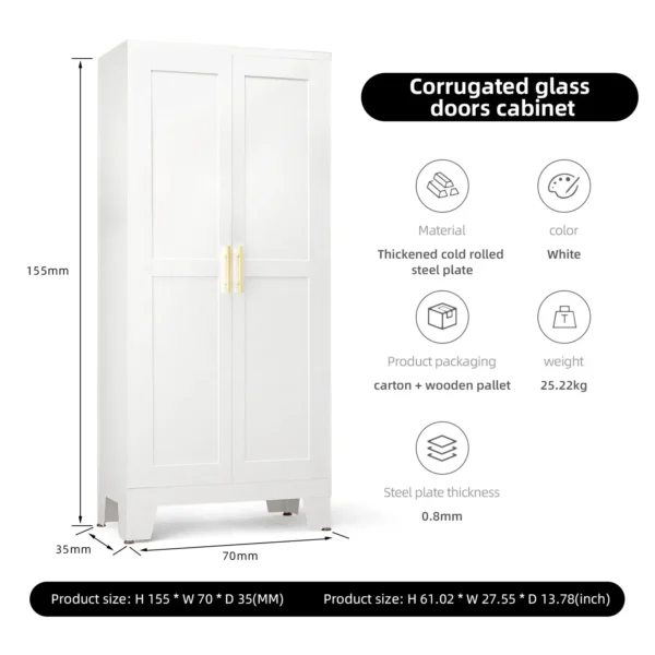 White 2-door metal wardrobe with detailed specifications displayed, suitable for bathroom or kitchen storage