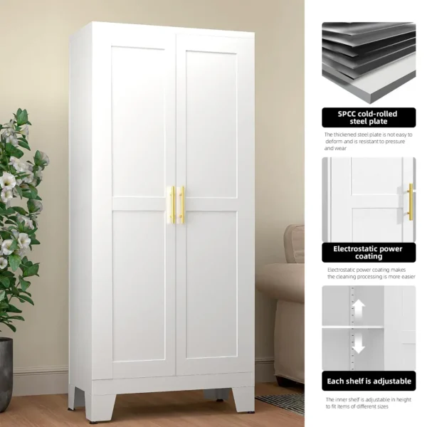 White 2-door metal wardrobe with additional storage detail view, suitable for bathrooms and kitchens