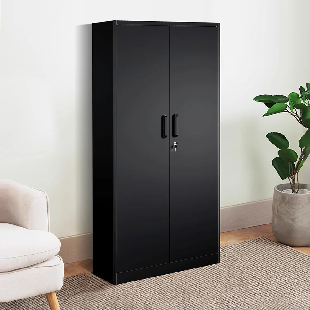 Side view of black metal storage cabinet with lockable doors, suitable for office and home storage