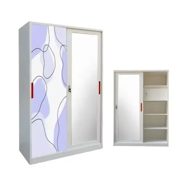 White steel wardrobe with unique sliding door design and open storage