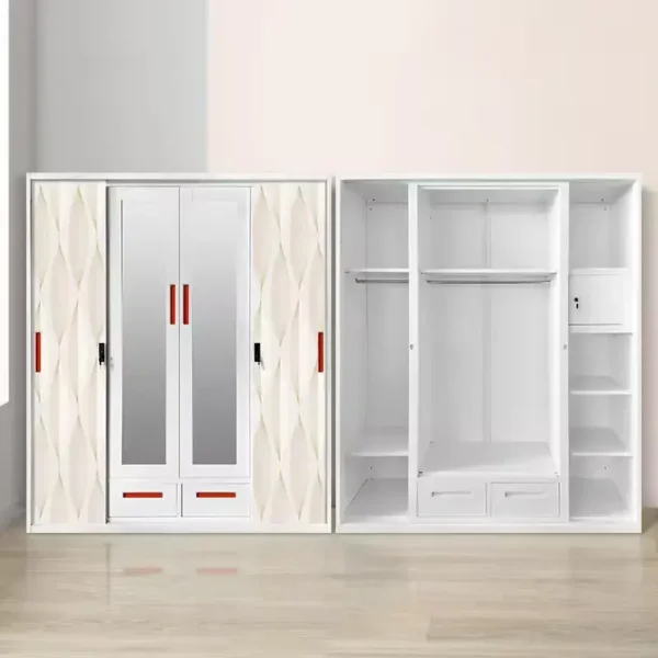 White steel wardrobe with glass sliding doors and open compartments