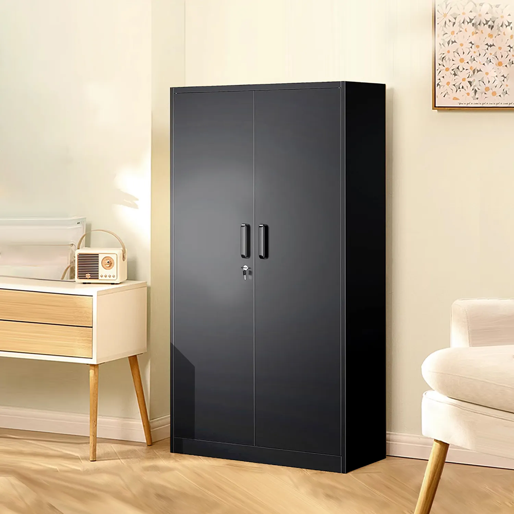 Front view of black metal storage cabinet with lockable doors, ideal for office use