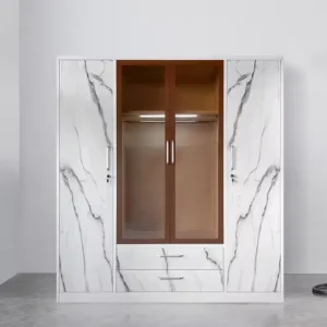 Modern steel Wardrobe with Sliding Door and Marble Pattern