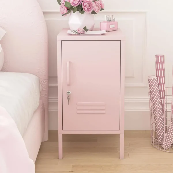 Pink metal bedside locker in bedroom setting