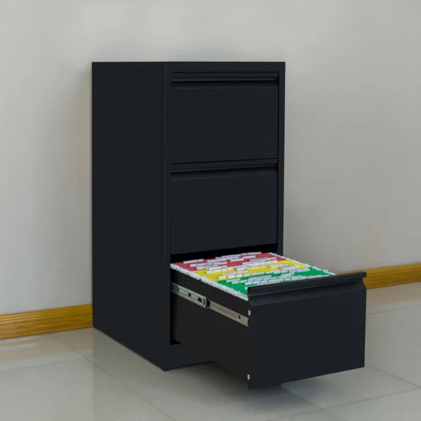 Open drawer of black 4-drawer filing cabinet showing spacious interior for file storage