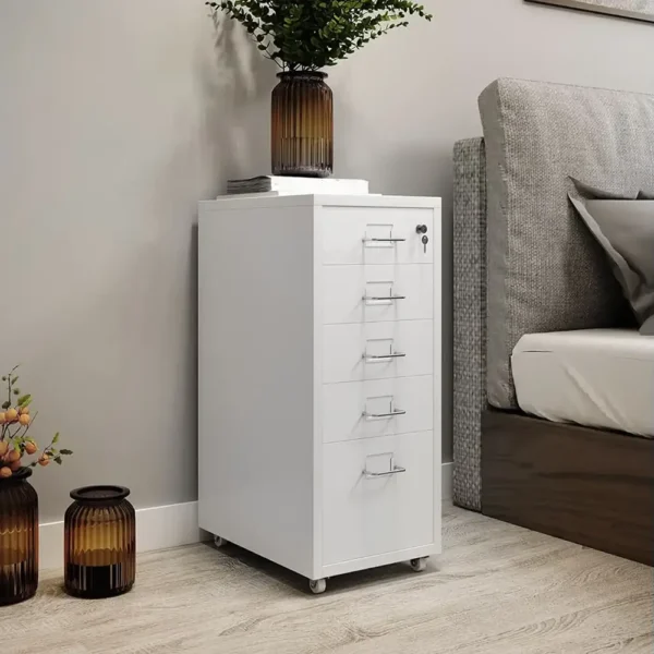 White 5-Drawer Lockable Mobile Pedestal Cabinet for Office & Home Storage