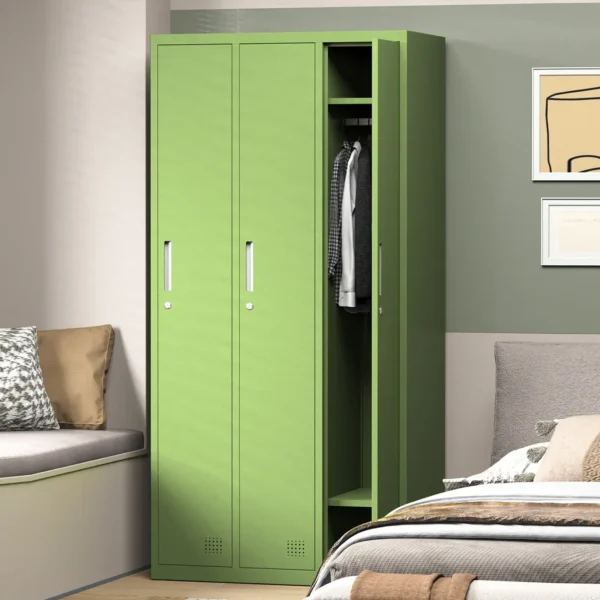 Green Steel Locker with 3 Doors in Bedroom Setting