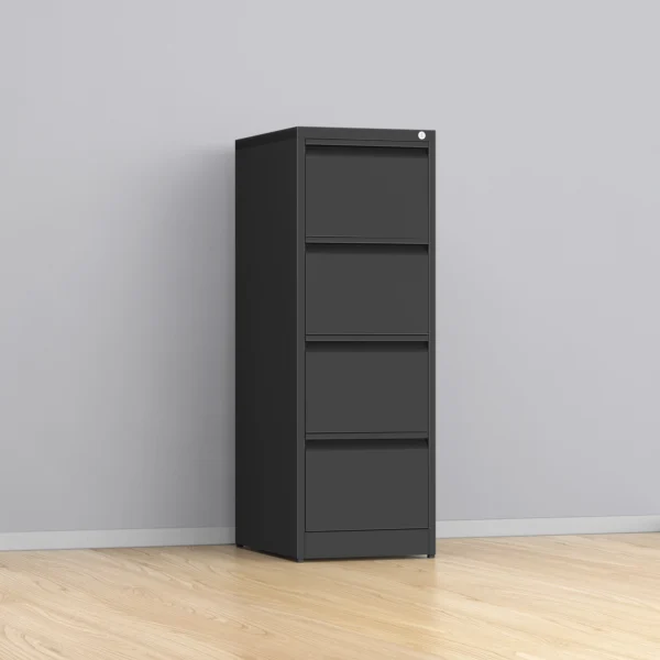 Side view of black 4-drawer filing cabinet showing sleek design and finish