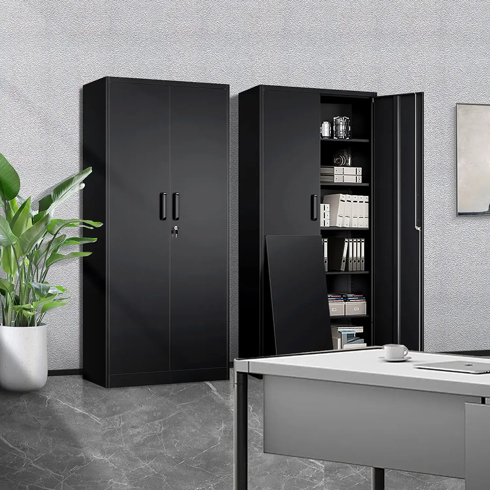 Black metal storage cabinet with open doors showing adjustable shelves, used in an office setting
