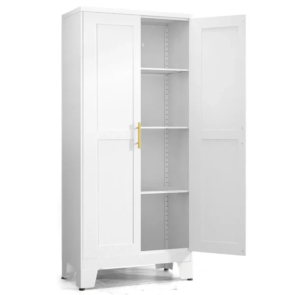 Interior view of white 2-door metal wardrobe with shelves, ideal for bathroom or kitchen storage