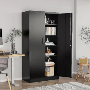 Black metal storage cabinet with adjustable shelves and key lock, ideal for office or home use