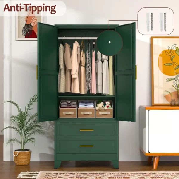 Interior view of green wardrobe with hanging rod, shelves, and drawers for organized storage