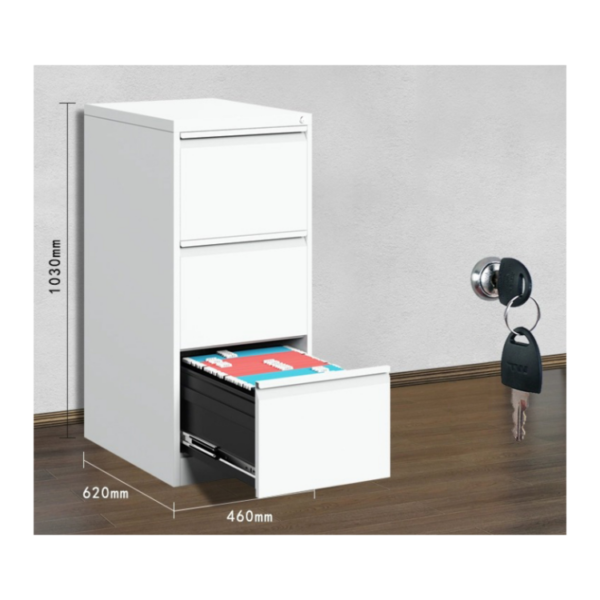 White file cabinet with open drawer displaying document storage for office use