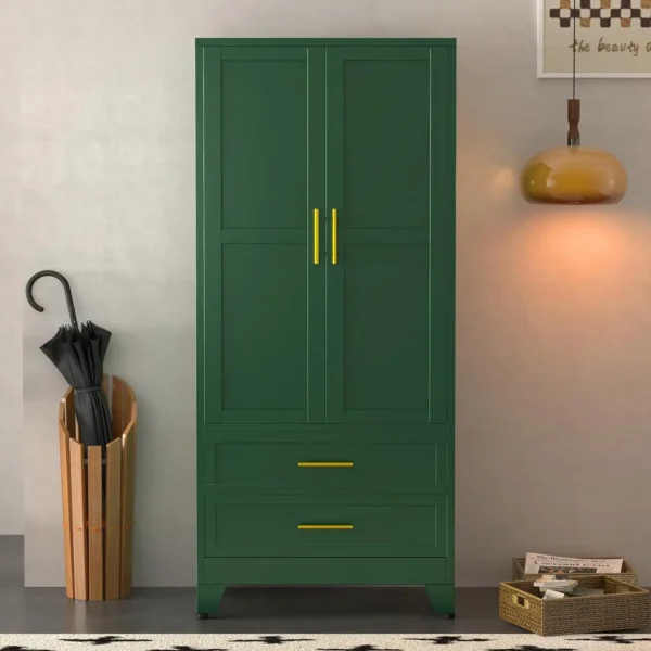 Full view of green metal wardrobe with double doors and drawers in a modern room setting