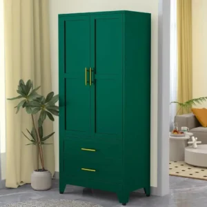 Tall green wardrobe with double doors and two drawers for home storage