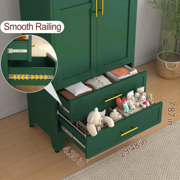 Close-up of green wardrobe drawer with smooth gliding feature, showing organized storage