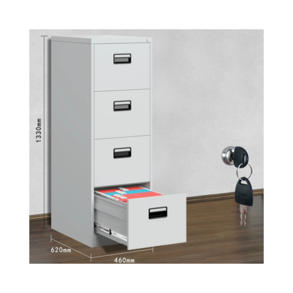 White multi-drawer file cabinet with open drawer showing storage space for office documents