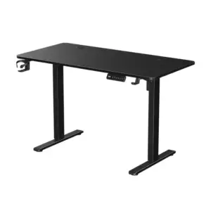 Black standing desk with a carbon fiber texture and adjustable height controls
