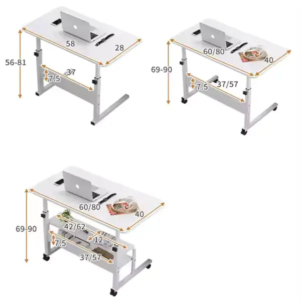 Dimensions of adjustable desks with various height and width measurements