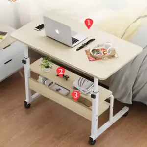Minimalist desk with storage shelves and laptop on top