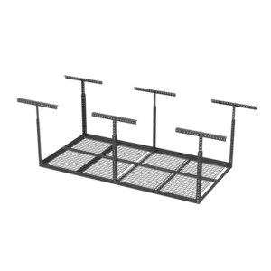 Black overhead storage rack with adjustable mounting brackets, ideal for garage organization
