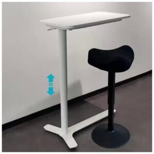 An adjustable white side table paired with a black stool, illustrating height adjustability
