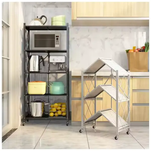 Black and silver metal shelving units in a kitchen with various kitchen appliances and produce