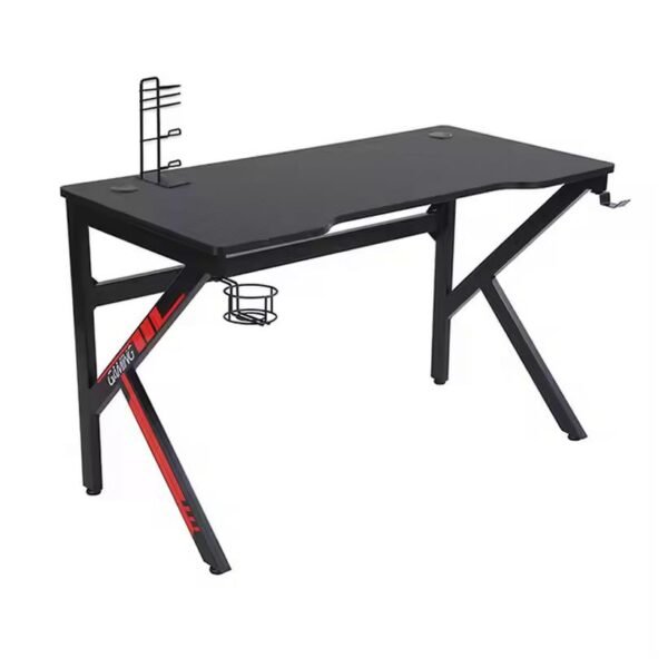 A black gaming desk with red accents, featuring a cup holder, headphone hook, and cable management rack