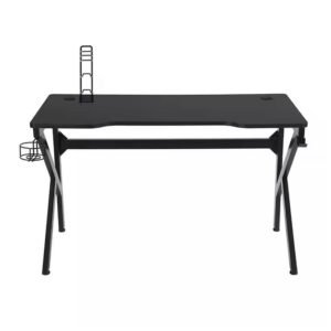 A sleek black gaming-style office desk with cup holder and headphone stand