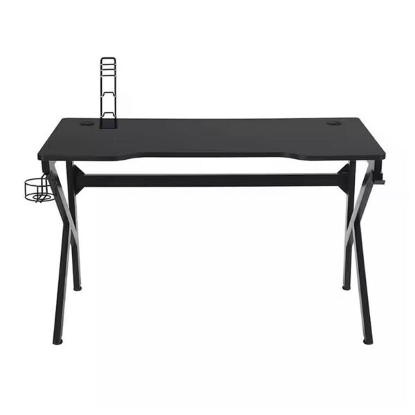 A sleek black gaming-style office desk with cup holder and headphone stand