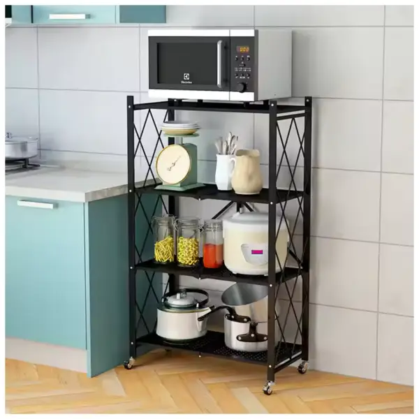 Black metal shelving unit in a kitchen with microwave, containers, and cookware