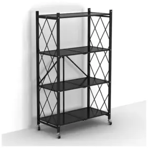 Black metal shelving unit with four tiers and rolling casters