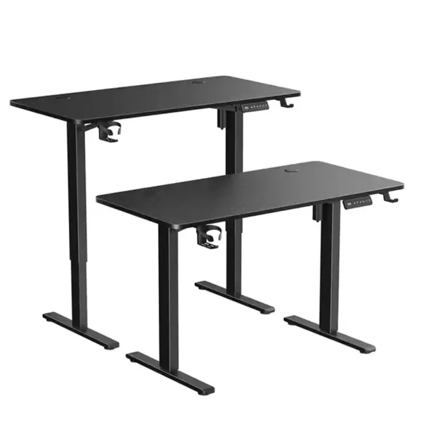 Two black adjustable standing desks with carbon fiber texture and side hooks