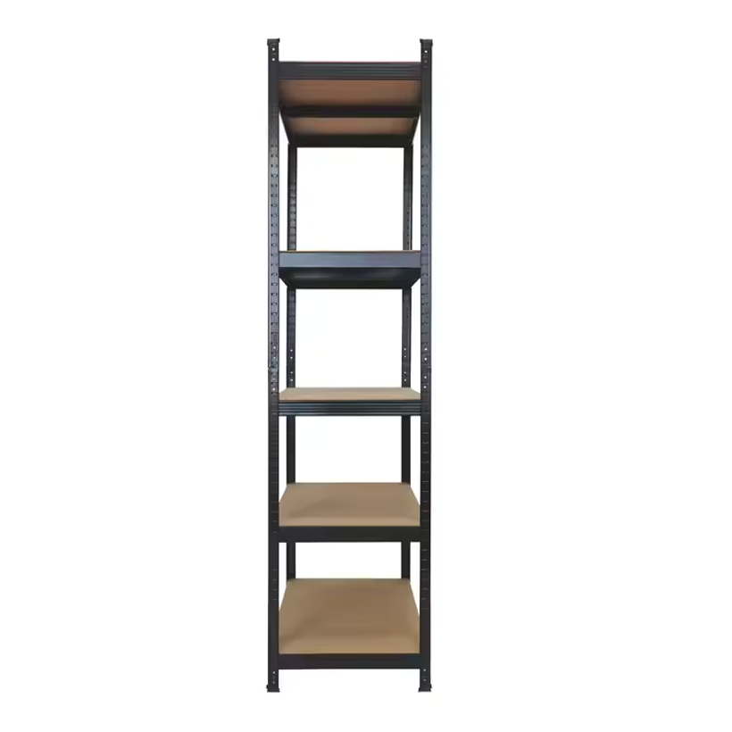 Five-tier metal shelf with brown wooden shelves