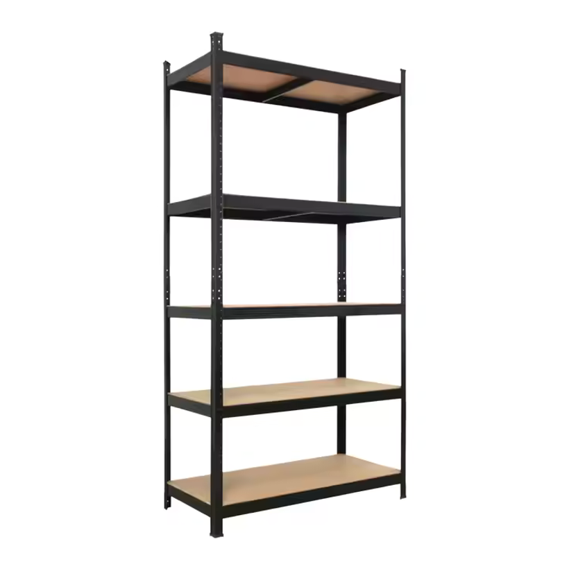 Four-tier metal shelf with brown wooden shelves