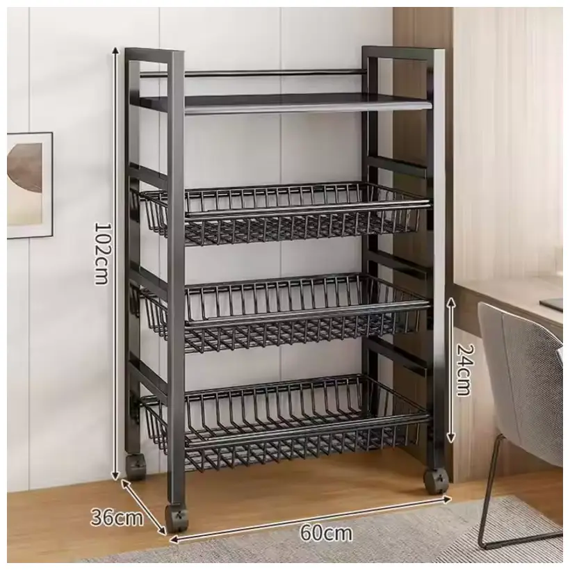 Metal storage rack with four baskets and dimensions labeled