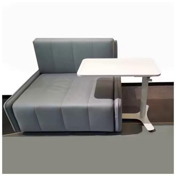 A modern gray sofa paired with a white adjustable side table