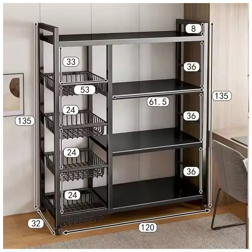 Metal storage rack with baskets and labeled dimensions