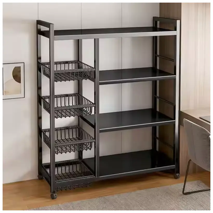 Metal storage rack with four baskets and four shelves