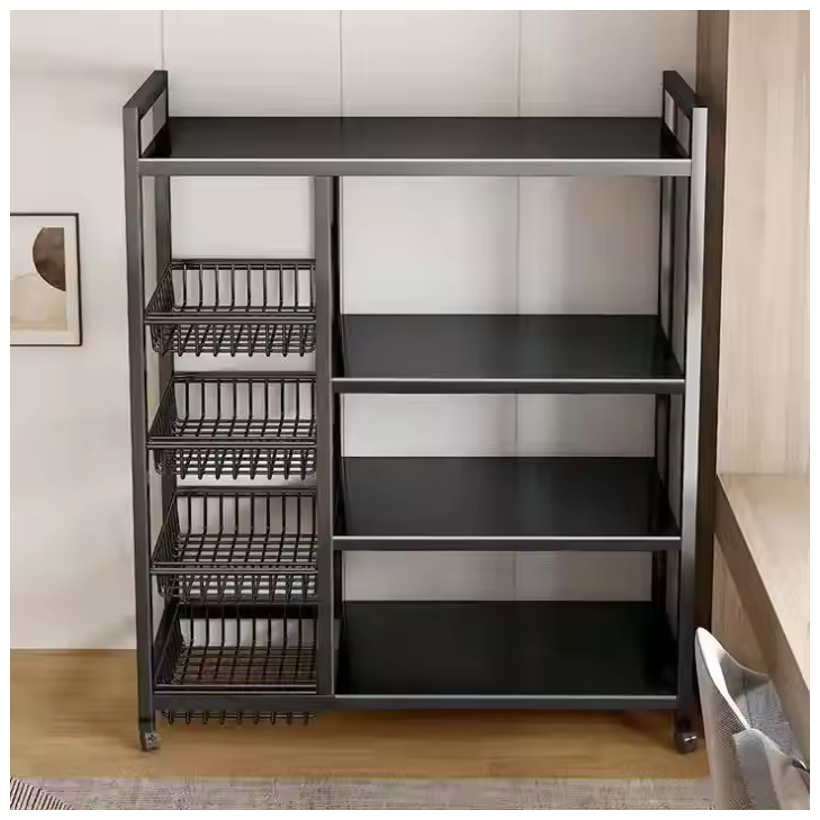 Metal storage rack with four baskets and three shelves