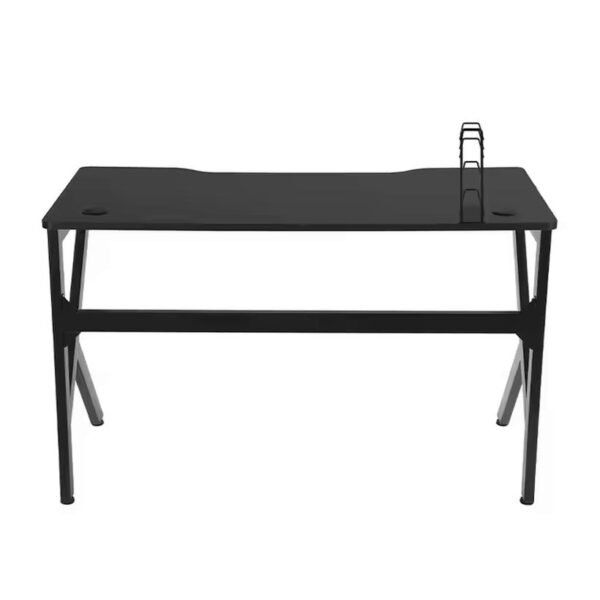 A simple black gaming desk with a headphone rack and cable management features.