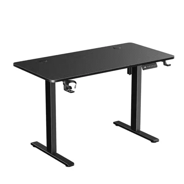 Black adjustable standing desk with carbon fiber texture and side hooks