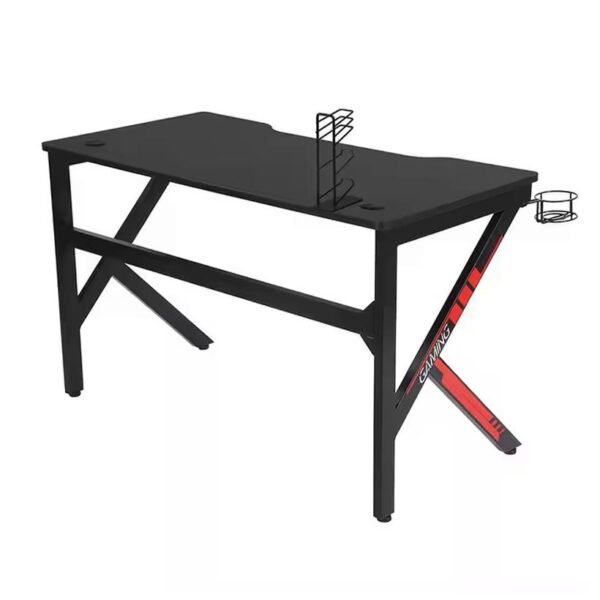 A black gaming desk with red accents, headphone rack, and cup holder